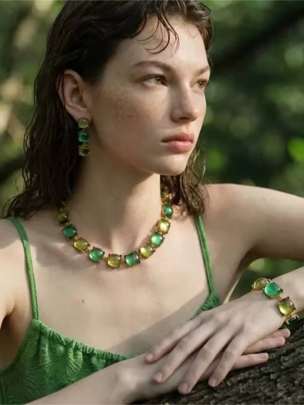 Green and Yellow Acrylic Resin Square Chain Necklace Bracelet Earrings Set